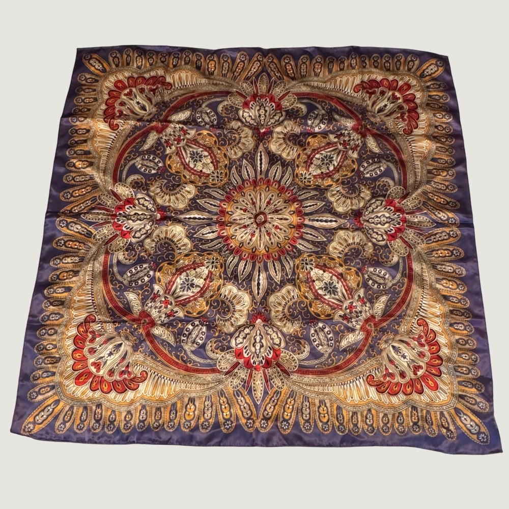 Vintage Paisley Square Scarf Purple Gold Floral Rolled Hem Japan 26x26 WPL-34191